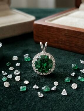 Emerald Halo Pendant Sterling Silver